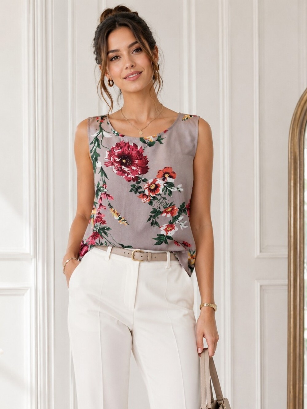 Rotimia Floral Sleeveless Blouse Size Small Taupe Pink Floral Tank Top